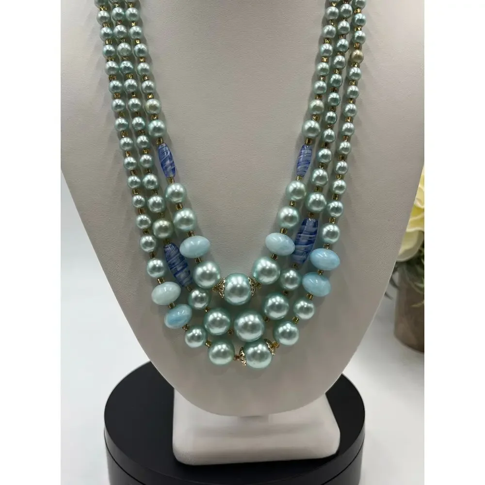 Japan Triple Strand‎ Teal Blue Beaded Necklace Graduated Beads Hook Closure